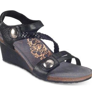 Aetrex Womens Naya Black Leather Wedge Comfort Adjustable Sandal Shoes Sz 8.5